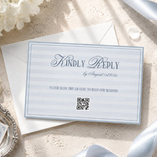 Tarjeta De Confirmación De Asistencia código QR de boda a rayas azul pastel