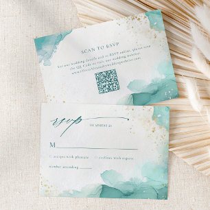 Tarjeta De Confirmación De Asistencia Código QR de Boda Abstracta Moderno Verde Azul y D