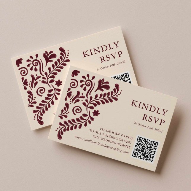 Tarjeta De Confirmación De Asistencia Código QR de boda Burgundy Mexicano (Burgundy Talavera Kindly Rsvp Card)