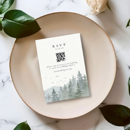 Tarjeta De Confirmación De Asistencia Código QR de Boda con Árbol de Montaña en Acuarela