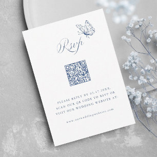 Tarjeta De Confirmación De Asistencia Código QR de boda con caligrafía elegante azul pol