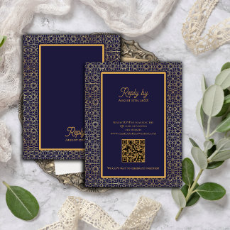 Tarjeta De Confirmación De Asistencia Código QR de Boda con Diseño Intrincado de Oro Azu