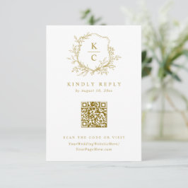 Tarjeta De Confirmación De Asistencia Código QR de boda con logotipo vintage Gold Crest