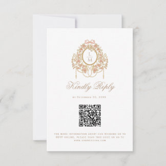 Tarjeta De Confirmación De Asistencia Código QR de boda con monograma de rosa rococó fra