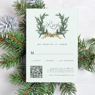 Tarjeta De Confirmación De Asistencia Código QR de boda de arco dorado y corona de pino