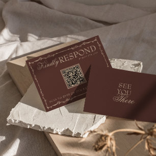 Tarjeta De Confirmación De Asistencia Código QR de Boda de Chocolate Floral Marrón Diner