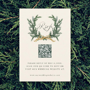 Tarjeta De Confirmación De Asistencia Código QR de boda de corona de pino verde y arco d