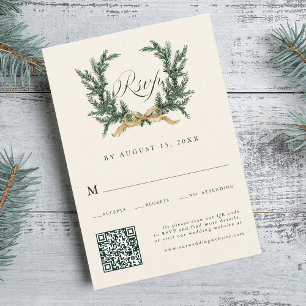 Tarjeta De Confirmación De Asistencia Código QR de boda de corona de pino verde y arco d