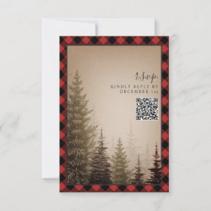 Tarjeta De Confirmación De Asistencia Código QR de boda de cuadros rústicos de árbol de 