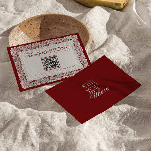Tarjeta De Confirmación De Asistencia Código QR de boda de encaje de Borgoña Old Money