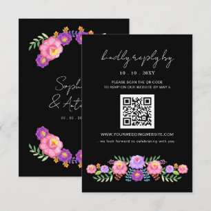 Tarjeta De Confirmación De Asistencia Código QR de boda de fiesta floral mexicana vibran