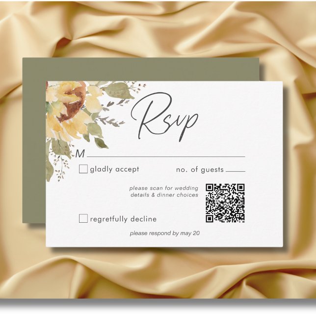 Tarjeta De Confirmación De Asistencia Código QR de boda de girasoles boho grande rústico (Soft Rustic Large Boho Sunflowers Wedding QR code RSVP Card)
