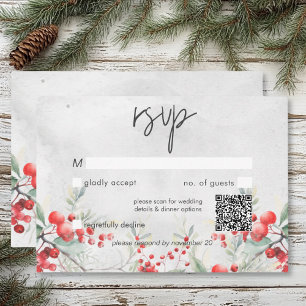 Tarjeta De Confirmación De Asistencia Código QR de Boda de invierno ruso Holly y Pine
