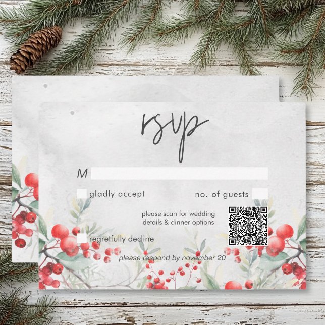Tarjeta De Confirmación De Asistencia Código QR de Boda de invierno ruso Holly y Pine (Rustic Winter Holly & Pine Wedding QR Code RSVP Card)