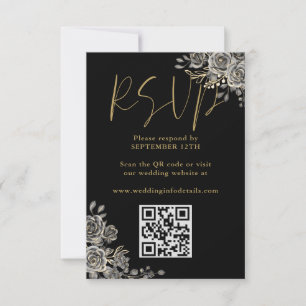 Tarjeta De Confirmación De Asistencia Código QR de boda de rosas florales góticas negras