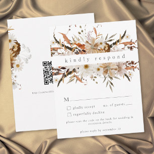 Tarjeta De Confirmación De Asistencia Código QR de boda floral boho otoñal neutral rústi