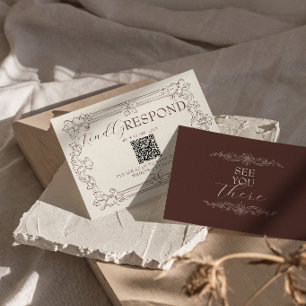 Tarjeta De Confirmación De Asistencia Código QR de Boda Floral Marrón Chocolate Old Mone