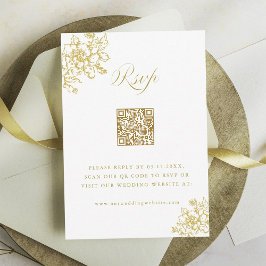 Tarjeta De Confirmación De Asistencia Código QR de Boda Jardín Gold Classic Bloom