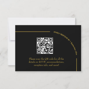 Tarjeta De Confirmación De Asistencia Código QR de boda minimalista elegante negro y dor