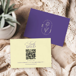 Tarjeta De Confirmación De Asistencia Código QR de Boda Minimalista Violeta y Amarillo