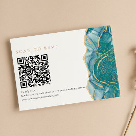 Tarjeta De Confirmación De Asistencia Código QR de boda moderno de ágata dorada turquesa