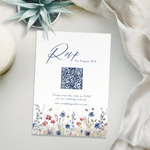 Tarjeta De Confirmación De Asistencia Código QR de boda rústica de flor silvestre azul m