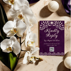 Tarjeta De Confirmación De Asistencia código QR de boda Talavera púrpura mexicana