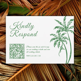 Tarjeta De Confirmación De Asistencia Código QR de Boda Tropical Costera Retro Verde Pla