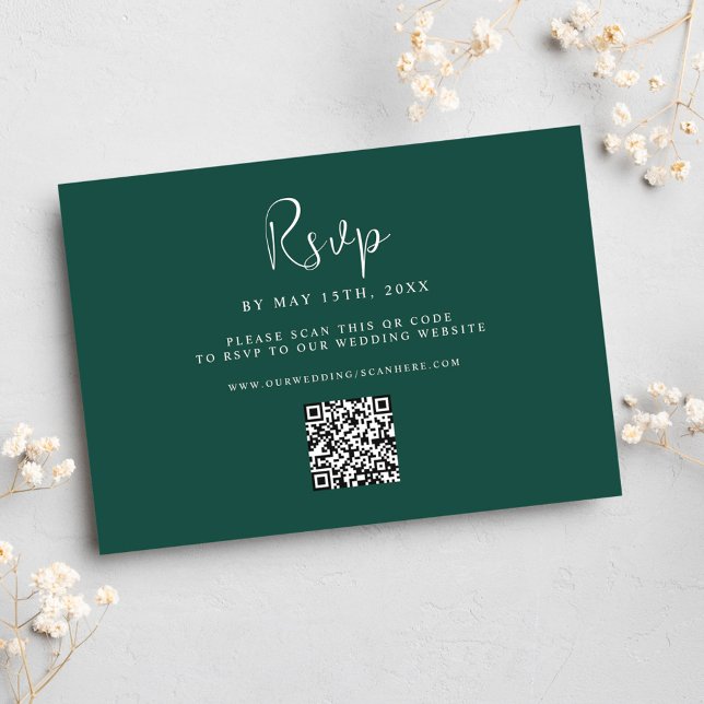 Tarjeta De Confirmación De Asistencia Código QR de Boda verde esmeralda (Emerald Green Wedding QR Code RSVP Card)