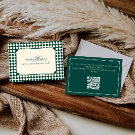 Tarjeta De Confirmación De Asistencia Código QR de Boda Verde Esmeralda Cuadriculado Din