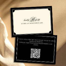 Tarjeta De Confirmación De Asistencia Código QR de Boda Vintage Negro y Marfil Dinero An