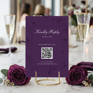 Tarjeta De Confirmación De Asistencia Código QR de Bodas con Arte de Línea Floral Púrpur