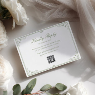 Tarjeta De Confirmación De Asistencia Código QR de bodas con marco vintage verde salvia
