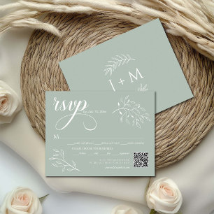 Tarjeta De Confirmación De Asistencia Código QR de Caligrafía Verde Salvia Floral Boho