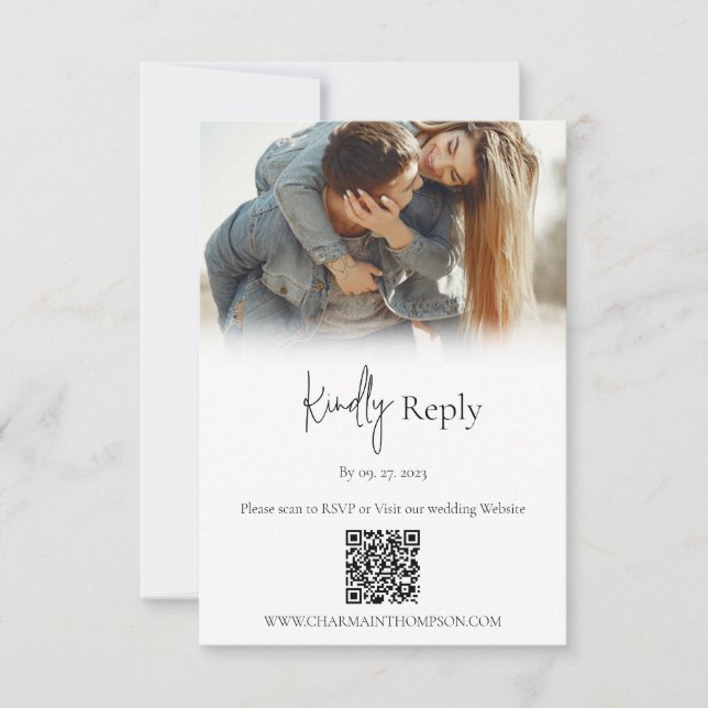 Tarjeta De Confirmación De Asistencia Código QR de foto de boda simple (Anverso)