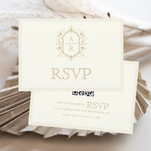 Tarjeta De Confirmación De Asistencia Código QR de monograma de cresta floral sepia boda