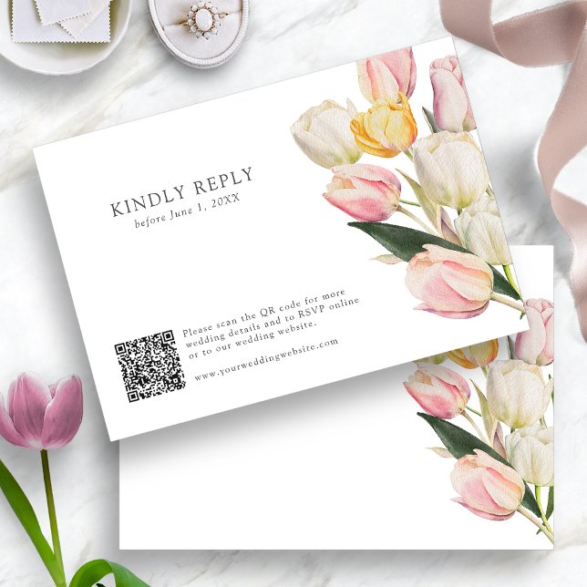 Tarjeta De Confirmación De Asistencia Código QR de primavera (Spring Watercolor Tulips QR Code RSVP Card by Painted Paperie
)