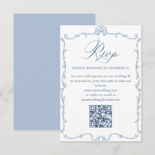 Tarjeta De Confirmación De Asistencia código QR del Boda azul oxidado y floral victorian