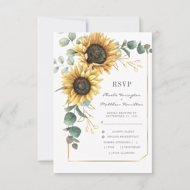Tarjeta De Confirmación De Asistencia Código QR del Boda botánico brillante de girasol (Anverso)