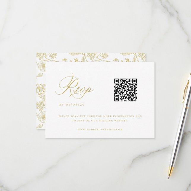 Tarjeta De Confirmación De Asistencia Código QR del Boda Chinoiserie Gold (Anverso/Reverso In Situ)