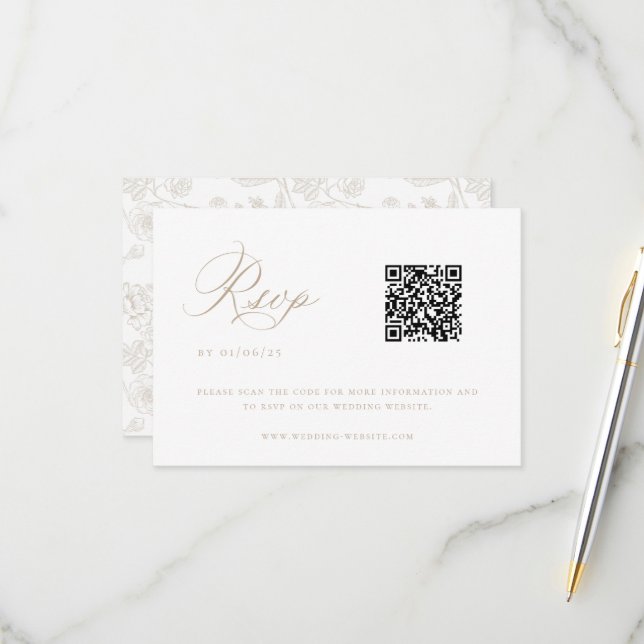 Tarjeta De Confirmación De Asistencia Código QR del Boda de la Chinoiserie Beige (Anverso/Reverso In Situ)