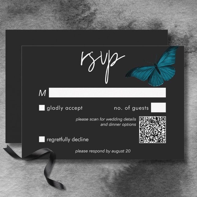 Tarjeta De Confirmación De Asistencia Código QR del Boda de polilla Verde azulada mínima (Dark Moody Minimal Teal Moth Wedding QR Code RSVP Card)