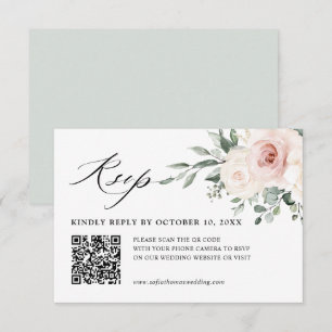 Tarjeta De Confirmación De Asistencia Código QR del Boda floral rosa de Rubor de marfil 