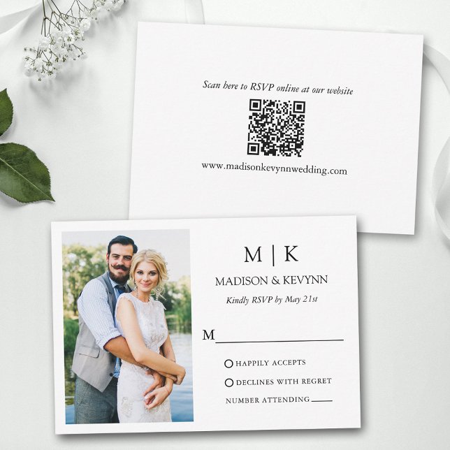 Tarjeta De Confirmación De Asistencia Código QR del Boda fotográfico monograma minimalis (Customize to change text size, text style or to add more text to back of card.)