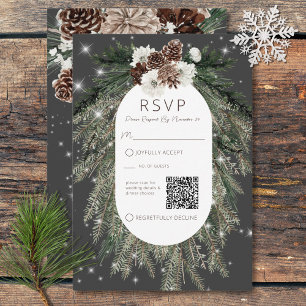 Tarjeta De Confirmación De Asistencia Código QR del Boho Charcoal Pine Winter Sparkle