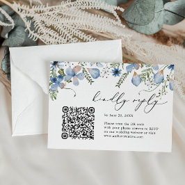 Tarjeta De Confirmación De Asistencia Código QR Dusty Blue Watercolor Floral Boda