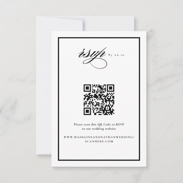Tarjeta De Confirmación De Asistencia Código QR elegante en negro y Boda (Anverso)