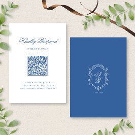 Tarjeta De Confirmación De Asistencia Código QR Elegante Escudo de código azul Boda de g