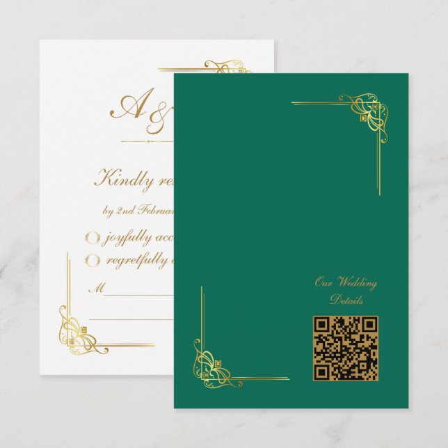 Tarjeta De Confirmación De Asistencia Código QR elegante esmeralda verde boda de oro (Anverso / Reverso)