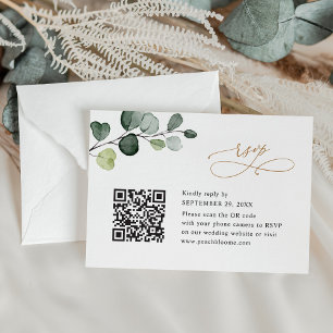 Tarjeta De Confirmación De Asistencia Código QR Elegante Eucalyptus Greenery Gold Boda